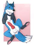  anatomically_correct anatomically_correct_genitalia anatomically_correct_penis animal_genitalia animal_penis anus balls bird&#039;s-eye_view blue_body blue_eyes blue_fur canid canine canine_penis clyde_wolf collar collar_only erection feral fox fur genitals hi_res high-angle_view knot lying male mammal multicolored_body multicolored_fur on_back pawpads paws penis pink_pawpads sheath smile solo spread_legs spreading white_body white_fur 