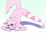  absurd_res anthro antlers artmarshmallow ass_up canid canine cervid clothing female fox freckles fur hi_res horn hybrid jack-o&#039;_pose legwear looking_at_viewer mammal marshmallow_fluff_(character) meme pattern_clothing pink_body pink_fur pose simple_background solo stockings striped_clothing stripes 