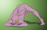  anthro ass_up darkajugin dragon_ball dragon_ball_super dyspo erection genitals hi_res jack-o&#039;_pose lagomorph looking_at_viewer male mammal meme nude penis pose purple_body simple_background solo spread_legs spreading yellow_eyes 