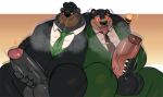  anthro anthro_on_anthro balls big_balls big_penis black_body black_fur black_hair black_suit bodily_fluids cigar clothing drooling duo eyewear fan_character fur genitals glasses green_clothing group_masturbation hadou hair hi_res huge_penis hypnosis male male/male mammal masturbation mind_control necktie overweight overweight_anthro overweight_male penile penile_masturbation penis ringed_eyes saliva satsui-n0-had0u smoke_from_nose steve_jovonovich tongue tongue_out ursid 