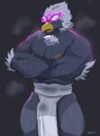  2021 accipitrid accipitriform anthro anthrofied areola avian beak biceps bird black_eyebrows bodily_fluids bottomwear bulge cere_(anatomy) clothed clothing crossed_arms digital_media_(artwork) eyebrows eyes_closed feathers front_view genital_fluids grey_background grey_body grey_feathers hi_res hisuian_braviary male multicolored_body multicolored_feathers muscular_thighs nintendo nipples non-mammal_nipples open_beak open_mouth pecs pink_areola pink_nipples pink_tongue pok&eacute;mon pok&eacute;mon_(species) pok&eacute;morph pokemon_legends_arceus precum precum_through_clothing purple_body purple_feathers regional_form_(pok&eacute;mon) shaded signature simple_background skimpy solo tongue topless towel towel_only triceps video_games wani_panic water wet wet_clothing white_body white_feathers yellow_beak 