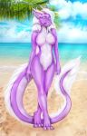  2021 anthro areola asian_mythology barbel_(anatomy) beach breasts claws day detailed_background digital_media_(artwork) dragon east_asian_mythology eastern_dragon female flesh_whiskers hair hi_res horn mifa mythology nipples non-mammal_breasts outside reptile sand scalie seaside shoreline sky smile solo standing water wingless_dragon 