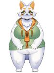  absurd_res anthro bottomless breasts canid canine cleavage clothed clothing female fox fur green_clothing green_eyes green_topwear hi_res kemari looking_at_viewer mammal simple_background solo topwear white_background white_body white_fur zipper 