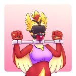  2021 anthro avian ball_gag bdsm bird blindfold bondage bound bra breasts claws clothing creamgag digital_media_(artwork) feathers female gag keyhole kima_karu_(furkarufam) signature simple_background solo sports_bra spreader_bar underwear wings yoke_(restraint) 