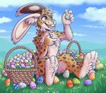  2021 4_toes 5_fingers amber_eyes anthro citrinelle day detailed_background digital_media_(artwork) egg feet fingers fur grass hi_res lagomorph leporid male mammal open_mouth outside plant rabbit sky smile solo spots spotted_body spotted_fur teeth toes tongue 