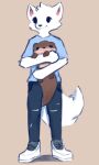  3:5 absurd_res ambiguous_gender anthro canid canine clothed clothing duo feral fluffy fluffy_tail fox fur hi_res holding_animal holding_object lutrine mammal markings_(fur) mustelid simple_background simple_eyes smile snoiifoxxo tuft white_background white_body white_fur 