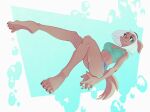  abstract_background anthro barefoot bottomwear brown_body brown_fur bubble canid canine canis claws clothing cutoffs denim denim_clothing domestic_dog feet female fur green_eyes hi_res kemari lime_(kemari) looking_at_viewer mammal shorts simple_background solo 