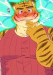  anthro blue_eyes blush clothed clothing doromiez felid fur male mammal morenatsu muscular muscular_male pantherine pink_nose red_clothing red_shirt red_tank_top red_topwear rubbing_chin shirt simple_background solo striped_body striped_fur stripes tank_top teeth tiger topwear torahiko_(morenatsu) video_games visual_novel yellow_body 