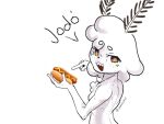  4:3 anthro aquatic_gastropod camotinhio fangs female food gastropod hot_dog looking_at_viewer looking_back marine mollusk muc nudibranch sea_slug simple_background slug solo white_background yellow_eyes 