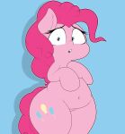  absurd_res airsicksubset anthro belly blue_eyes cutie_mark embarrassed equid equine eyelashes female friendship_is_magic hair hasbro hi_res horse looking_at_viewer mammal my_little_pony navel open_mouth pink_body pink_hair pink_tail pony pudgy_belly solo standing surprise thick_thighs 