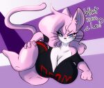  aeris_(vg_cats) anthro big_breasts breasts cleavage clothed clothing dialogue domestic_cat english_text felid feline felis female fur hair hand_on_hip hi_res huge_breasts mammal pink_body pink_fur pink_hair shirt solo solratic text text_on_clothing text_on_shirt text_on_topwear topwear vg_cats webcomic 