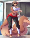  2019 abs accessory anthro arunax big_breasts black_hair breasts brown_body brown_fur buckteeth cleavage clothed clothing eyewear female fully_clothed fur glasses hair hair_accessory hair_bow hair_ribbon mammal midriff ribbons rodent sciurid solo tan_body tan_fur teeth trainerselva tree_squirrel wraps wrist_wraps 