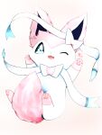  &lt;3 3:4 ambiguous_gender blue_eyes blue_sclera eeveelution fangs feral fluffy fluffy_tail fur hi_res mammal markings_(fur) nintendo one_eye_closed open_mouth pawpads paws pink_body pink_fur pink_pawpads pok&eacute;mon pok&eacute;mon_(species) ribbons simple_background smile snoiifoxxo solo sylveon tail_between_legs tuft video_games white_background white_body white_fur 
