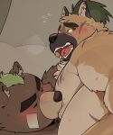  2021 anthro ashigara belly black_nose blush brown_body brown_fur canid canine canis domestic_dog duo fur hi_res kemono lifewonders male male/male mammal moobs nipple_fetish nipple_play nipple_suck overweight overweight_male quanjiang scar sucking tokyo_afterschool_summoners ursid video_games yasuyori 