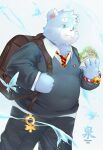  2021 anthro backpack belly blue_body blue_eyes blue_fur blush bonasiah bottomwear clothing dogseden food full_attack fur hi_res humanoid_hands kemono male mammal necktie overweight overweight_male pants shirt solo sophring_hao topwear ursid water white_body white_fur 