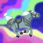  1:1 2021 accessory armor black_eyes centaurworld digital_drawing_(artwork) digital_media_(artwork) equid equine female feral grey_body hair hair_accessory hairband hi_res hooves horse horse_(centaurworld) invalid_tag mammal mane rainbow reins running saddle scared solo sparkles star umbrellamachine white_hair white_mane 