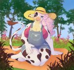  anthro big_breasts bovid bovine breasts cattle cleavage clothed clothing facial_piercing female hat headgear headwear hi_res kicoffe mammal nose_piercing overalls piercing septum_piercing solo 