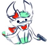  1:1 ambiguous_gender eeveelution fan_character feral fluffy fluffy_tail fur green_body green_fur gun hi_res knife mammal markings_(fur) nintendo paws pok&eacute;mon pok&eacute;mon_(species) ranged_weapon red_body red_fur ribbons simple_background simple_eyes smile snoiifoxxo solo sylveon tuft video_games weapon white_background white_body white_fur 