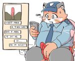  2021 ailurid anthro belly blush bulge cellphone clothed clothing erection erection_under_clothing genitals hat headgear headwear humanoid_genitalia humanoid_hands humanoid_penis kemono korean_text male mammal necktie overweight overweight_male penis phone realman_pard red_panda shirt sitting smartphone solo text topwear underwear 