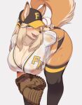  2021 animated anthro ball baseball_(ball) baseball_cap baseball_glove bedroom_eyes big_breasts bikini bikini_bottom blonde_hair blue_eyes breasts canid canine cervina7_(artist) clothed clothing collaboration evenesko.d.fox_(artist) faeki_(character) female fox fur hair hat headgear headwear kemono legwear looking_at_viewer mammal motion_tweening narrowed_eyes nipples seductive shirt short_playtime simple_background solo stockings swimwear text text_on_clothing text_on_hat text_on_headwear text_on_shirt text_on_topwear topwear translucent translucent_clothing 