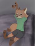  2021 anthro barefoot bottomwear bubblecop canid canine clothed clothing dipstick_ears disney eyes_closed feet fox fully_clothed furniture male mammal multicolored_ears nick_wilde red_fox shirt shorts signature sofa solo stretching t-shirt topwear zootopia 