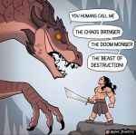  anthro black_hair dragon duo english_text grin hair human male mammal melee_weapon muscular pet_foolery red_body red_scales scales smile speech_bubble sword text weapon 