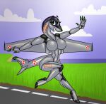  aircraft anthro breasts cloud featureless_breasts female grass green_eyes hi_res high_heels living_aircraft living_machine living_vehicle looking_at_viewer machine michael345 outside plant poland smile solo ts-11_iskra vehicle waving_at_viewer 