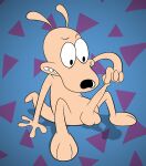  abstract_background anthro balls darkajugin foreskin foreskin_pull fur genitals hi_res macropod male mammal marsupial nickelodeon nude penis rocko&#039;s_modern_life rocko_rama solo tan_body tan_fur tight_foreskin wallaby 