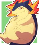  2021 96tning anthro belly biped bodily_fluids kemono nintendo overweight pok&eacute;mon pok&eacute;mon_(species) simple_background solo sweat typhlosion video_games 