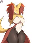  2021 absurd_res anthro big_breasts breasts canid canine delphox digital_media_(artwork) exposed_breasts female fox front_view fur hands_behind_head hi_res huge_breasts inner_ear_fluff mammal multicolored_body multicolored_fur narrowed_eyes navel nintendo nude pok&eacute;mon pok&eacute;mon_(species) raised_arm red_body ruka_(artist) simple_background solo standing thick_thighs three-quarter_view tuft video_games white_body white_fur wide_hips yellow_body yellow_fur 