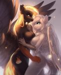  absurd_res amber_eyes anthro asymmetrical_breast_frottage avian big_breasts bite biting_lip biting_own_lip black_body blonde_hair blue_eyes breast_size_difference breast_squish breasts breasts_frottage chest_tuft cutie_mark digital_media_(artwork) duo ear_piercing equid equine european_mythology eye_contact fan_character feathered_wings feathers female female/female greek_mythology hair hand_on_hip hasbro hi_res hippogriff kalinka looking_at_another mammal my_little_pony mythological_avian mythology nightskrill nude pegasus piercing self_bite shaded smile spread_wings squish tuft white_body white_hair wings 