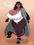  3:4 absurd_res anthro big_breasts black_hair bovid bovine breasts brown_body bulging_breasts cattle cleavage cleavage_overflow clothed clothing english_text eyewear female hair hi_res huge_breasts jwinkz mammal solo summer_(jwinkz) sunglasses text thick_thighs 