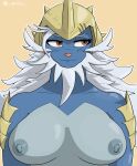  2021 absurd_res anthro anthrofied armor big_breasts biped blue_body blue_skin blush breasts clothing curvy_figure digital_media_(artwork) facial_hair female front_view glistening glistening_body hair headgear headwear helmet hi_res long_neck looking_away multicolored_body nintendo nipples nude pok&eacute;mon pok&eacute;mon_(species) pok&eacute;morph portrait red_eyes samurott simple_background smile solo standing two_tone_body video_games voluptuous white_hair whitev 