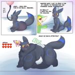  &lt;3 1:1 belly big_belly black_body black_fur blue_body blue_fur chest_tuft dialogue disembodied_hand duo eeveelution english_text feral fur green_body green_fur hi_res male narrowed_eyes nintendo obese overweight overweight_feral overweight_male pok&eacute;mon pok&eacute;mon_(species) red_eyes ribbons sitting snivy text thick_thighs tsuchiinokocoin tube tuft umbreon video_games weight_gain white_body white_fur yellow_body yellow_fur yellow_sclera 