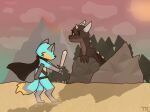  ambiguous_gender anthro blue_body blue_fur canid canine cape clothing dragon feral forest fox fur lite_(theflaminglite) male mammal melee_weapon plant sunset sword theflaminglite tree volcano weapon 
