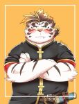  2021 anthro blush clothed clothing cute_fangs eyewear felid fur glasses hi_res hmkeito licho_(tas) male mammal overweight overweight_male pantherine simple_background solo tiger tokyo_afterschool_summoners video_games white_body white_fur 