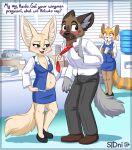  2021 aggressive_retsuko ailurid anthro belly big_belly blush breasts bulge canid canine cel_shading clothed clothing clothing_pull digital_media_(artwork) duo female fennec fenneko fox fur haida hi_res hyaenid male mammal necktie necktie_pull open_mouth pregnant red_panda retsuko sanrio shaded sidnithefox spotted_hyena surprised_expression tagme text topwear workplace 