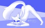  absurd_res anthro artist_name ass_up blue_background blush clyde_(discord) discord_(app) english_text exyli eyebrows felid female fur green_accessory hi_res jack-o&#039;_pose mammal meme nude outline pose purple_background raised_eyebrow simple_background solo spread_legs spreading text white_body white_fur 