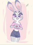  anthro bottomwear bubblecop clothed clothing dipstick_ears disney female fully_clothed fur grey_body grey_fur judy_hopps lagomorph leporid looking_at_viewer mammal midriff multicolored_ears open_mouth open_smile pink_background rabbit shorts signature simple_background smile solo white_body white_fur zootopia 