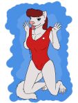  2021 3:4 albino anthro big_breasts bikini bite blep blue_eyes breasts clothing digital_media_(artwork) domestic_ferret female fur grin hair hi_res kneeling lifeguard mammal mustela mustelid musteline one-piece_swimsuit pencilsdgr pink_nose red_hair simple_background slim smile solo swimwear tongue tongue_bite tongue_out true_musteline white_body white_fur 