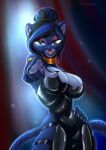  anthro blue_eyes blue_hair breasts clothed clothing digital_media_(artwork) domestic_cat felid feline felis female gesture hair hi_res looking_at_viewer mammal omesore open_mouth pointing pointing_at_viewer shaded smile solo teeth tongue 