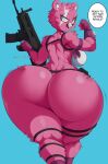  2021 absurd_res anthro big_butt bottomless breasts butt butt_focus clothed clothing cuddle_team_leader daiidalus dialogue english_text epic_games female flexing fortnite fur gun hi_res holding_object holding_weapon huge_butt huge_hips looking_at_viewer looking_back looking_back_at_viewer mammal mostly_nude pink_body pink_fur portrait ranged_weapon rear_view smile solo standing talking_to_viewer text three-quarter_portrait ursid video_games weapon wide_hips 