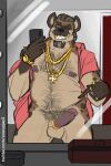  accessory anthro balls body_hair bottomless brown_body brown_fur chest_hair clock clothed clothing cock_ring desmond_sutherland erection facial_hair fur genitals goatee gold_(metal) gold_jewelry gold_tooth hair hi_res hyaenid jewelry male mammal mature_anthro mature_male mirror mirror_selfie necklace nipples one_eye_closed open_clothing open_topwear overweight penis penis_accessory penis_jewelry phone pubes ring selfie slightly_chubby snoopjay2 solo spotted_hyena topwear watch wink wristwatch 