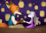  2021 anthro anthro_on_anthro bubblecop canid canine dipstick_ears disney duo ears_down eye_contact female fox fur green_eyes grey_body grey_fur hand_holding judy_hopps lagomorph leporid looking_at_another male male/female mammal multicolored_ears nick_wilde orange_body orange_fur pivoted_ears purple_eyes rabbit red_fox romantic romantic_couple signature tangled_(disney) zootopia 