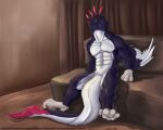  abs anthro darastrix_(ihavexboxlive) detailed_background dinosaur dromaeosaurid eargoshaof feathered_arms feathers furniture hi_res looking_at_viewer male muscular muscular_male nude reptile scalie sitting smile sofa solo tail_feathers tail_tuft theropod tuft 