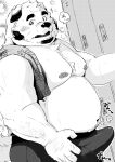  2021 anthro belly blush bulge canid canine canis clothed clothing domestic_dog erection erection_under_clothing hi_res humanoid_hands kemono locker_room male mammal monochrome moobs navel nipples overweight overweight_male shintatokoro solo towel towel_on_shoulder 