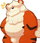  2021 96tning anthro anthrofied belly black_nose blush canid canine hair_over_eyes hisuian_growlithe kemono mammal nintendo overweight pok&eacute;mon pok&eacute;mon_(species) pokemon_legends_arceus simple_background solo video_games white_background white_body 