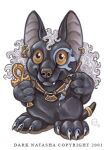  2001 ankh anthro anubian_jackal anubis black_body black_fur blue_body blue_fur brown_eyes brush canid canine canis chibi claws collar dark_natasha deity ear_piercing ear_ring egyptian_mythology english_text eye_of_horus fangs fur hair jackal jewelry low_res male mammal middle_eastern_mythology mythology nude paint paintbrush piercing simple_background solo tail_jewelry tail_ring text white_background white_hair 