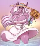  breasts cleavage clothed clothing dress eyewear female flower glasses hi_res horn horned_humanoid humanoid inkbuns not_furry plant purple_body solo sun_hat sunflower 