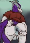 2021 alien anthro anus backsack balls butt claws clothing digital_media_(artwork) finger_claws genitals grey_background hi_res horn looking_at_viewer looking_back looking_back_at_viewer male perineum presenting presenting_hindquarters pur3 purple_body purple_eyes shirt simple_background solo spread_anus spread_butt spreading tail_aside teavern topwear white_body 